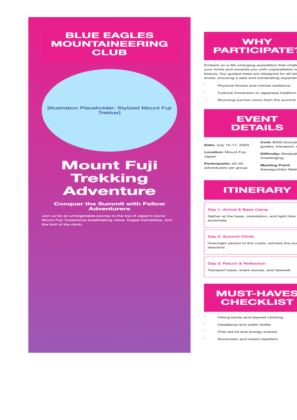 Blue Eagles Mountaineering Club Mount Fuji Trekking Event Brochure with Itinerary and Gear List_variant_1